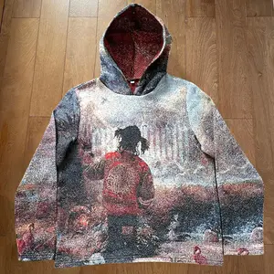 Produsen Hoodi Jacquard Crewneck Anime Sweatshirt pria tenun pakaian jaket Streetwear kustom Sweater permadani Hoodie