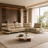 Canapé d'angle moderne en cuir véritable beige écologique avec dossier réglable et rembourrage en mousse pour appartements, hôtels et salons