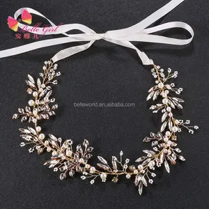 BELLEWORLD Luxury handmade wedding bridal hair accessories headdress crystal vine ribbon headband rhinestone bead headpiece