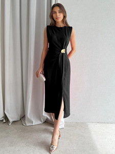 Vestido de Verano Nuevo para Mujer, Modesto, Elegante, de Oficina, Delgado, Versátil, Sólido, Maxi, de Cintura Alta, Línea A, Plisado, sin Mangas - Product Image 6