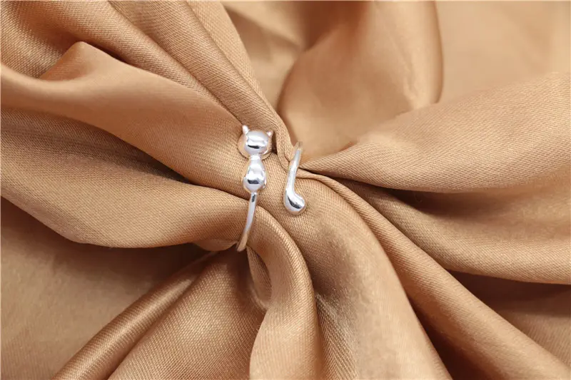 Cincin Perak Matte untuk Wanita, Cincin Bentuk Kucing Dapat Disesuaikan