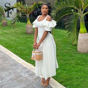 فستان ماكسي أنيق للنساء من شينغفو، أبيض اللون، بأكمام مكشكشة وأكتاف مكشوفة، تصميم مطوي وانسيابي لفصل الصيف - Product Image 2