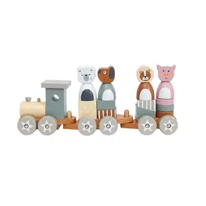木製の子供たちの教育的な遊び子供のための木製の小さな動物園の動物スタッキングトレインおもちゃ