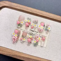 Faux ongles à pression longs faits à la main, motif French manucure rose, taille moyenne, pour femmes, style Nouvel An
