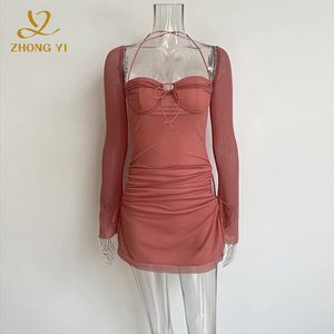 2024 nouvelles femmes chaudes Mini <span class=keywords><strong>jupe</strong></span> courte taille haute couleur unie automne à manches longues fête moulante Sexy robes - Product Image 2