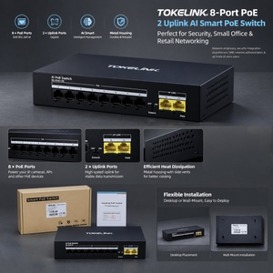 TOKELINK TK-RF0802P-SX Commutateur PoE AI 8 ports 10/100 Mbps 8 PoE + 2 ports Uplink RJ45 Extension 250 m IEEE802.3af/at Non géré pour caméra IP - Product Image 1
