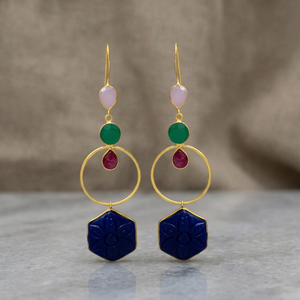 Nouvelles boucles d'oreilles pendantes ethniques en onyx vert et rubis, plaquées or, faites à la main, cadeau de mariage, fête, fiançailles - Product Image 2