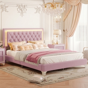 Luxurious PU Leather Platform <b>Bed</b> <b>Queen</b> <b>Size</b> Upholstered <b>Bed</b> Frame with LED Lights with Tufted Headboard - Product Image 3