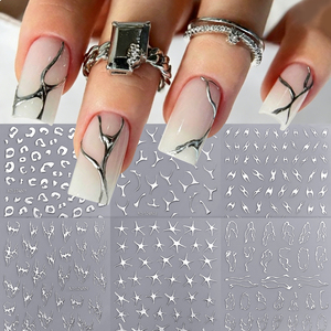 6 autocollants pour ongles dorés Y2K, <span class=keywords><strong>argent</strong></span>és métalliques, motifs abstraits, lignes ondulées irrégulières, léopard, étoile, creux, style gothique, à presser - Product Image 1