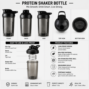 Botella Mezcladora de Proteínas al por Mayor de 500ml, Libre de BPA, PP, con Logotipo Personalizado, Asa, Escala Dual ML/OZ, Vaso Mezclador Deportivo para Gimnasio con Bola Mezcladora, OEM - Product Image 4