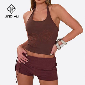 High-quality fashionable summer casual brown backless embroidered halter <b>top</b> custom ribbed <b>crop</b> <b>tops</b> - Product Image 1
