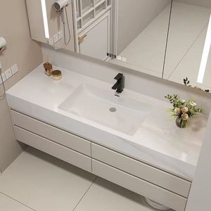 Ensemble de meuble-lavabo double moderne avec miroir LED, armoire haute de salle de bain, grand rangement, unité sur pied - Product Image 2