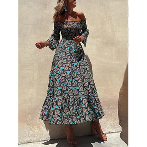 On01237 Vestido estampado europeo y americano para mujer, con hombros descubiertos, entallado en la cintura, adelgazante, moderno, ajustado y versátil, en stock. - Product Image 3