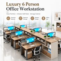 Bureau de travail de luxe pour 6 personnes avec cloison en verre, table d'ordinateur haut de gamme pour six employés avec armoire de rangement