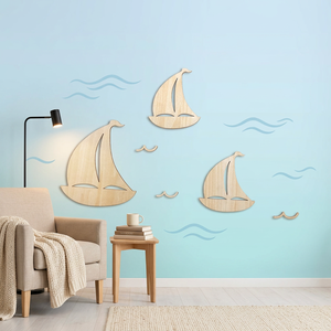 Autocollants muraux en bois pour chambres de bébé avec design ajouré, thème océan, autocollants muraux créatifs en bois représentant un <span class=keywords><strong>bateau</strong></span> à voile - Product Image 5