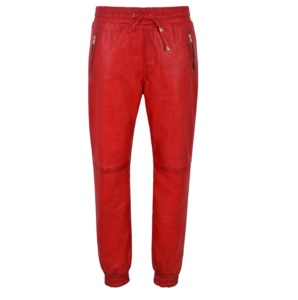 Pantalones de Mujer Personalizados 100% Cuero Nappa Rojo Vintage con Detalle de Correa Naranja, Acabado Vintage, Marca Privada OEM - Product Image 1