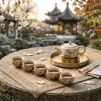 Set Teh Tanah Liat Kasar Oriental Vintage Dengan Nampan Drainase Persegi Panjang dan Teko Buatan Tangan Dengan 6 Cangkir