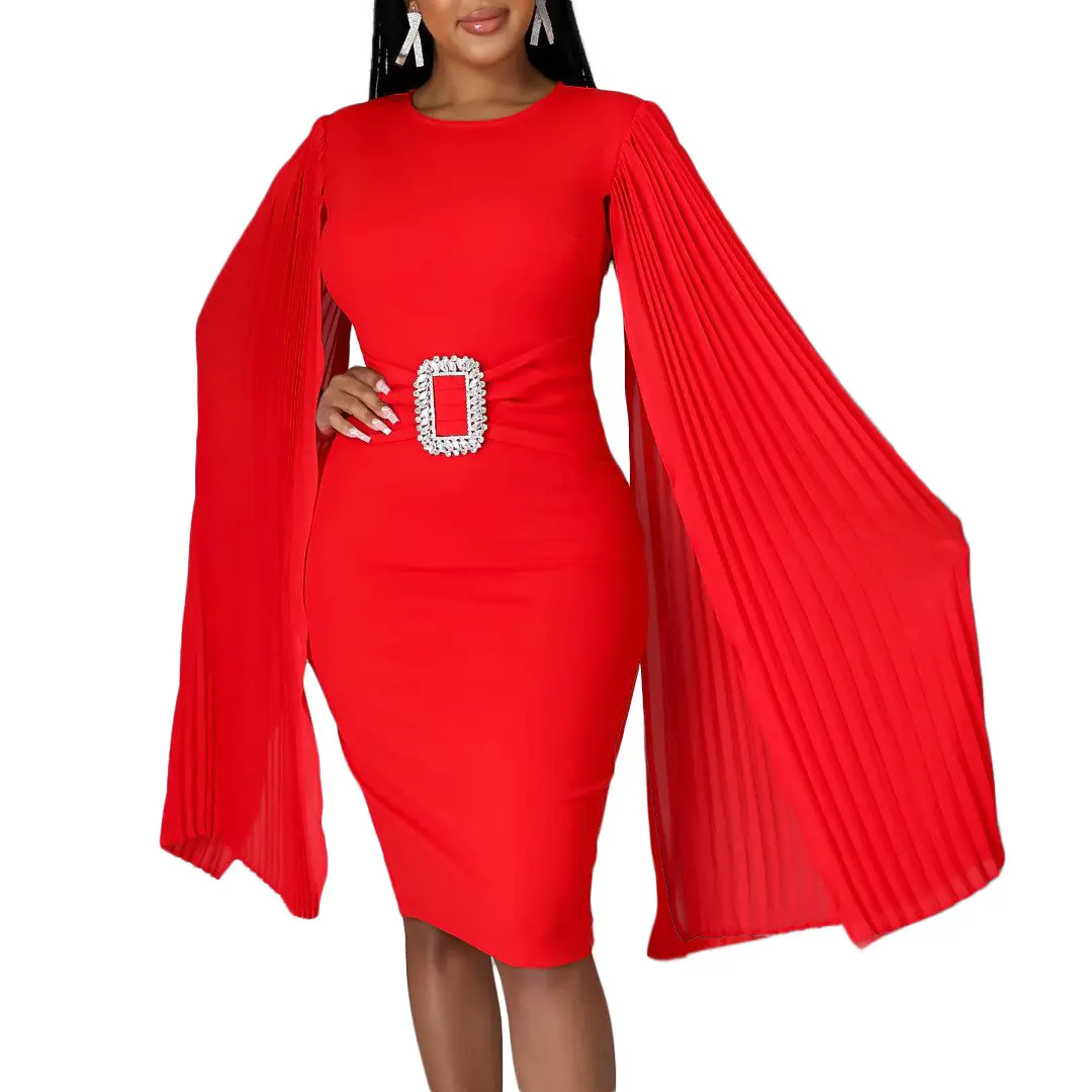 Fabrik Großhandel Frauen Langarm Einfarbig Cape Kleid O-Ausschnitt Sexy Frauen Kleidung Afrika Casual Lady Pencil Party Kleid