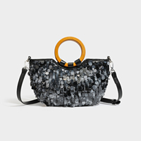 Sac Seau Tendance à Paillettes pour Femme avec Poignée en Bois, Sac à Main Scintillant à Bandoulière Réglable, Sac Bandoulière Élégant