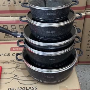 طقم أواني طهي الأكثر مبيعًا من 12 قطعة من الألومنيوم المصبوب غير اللاصق بطلاء رخامي، قدور كسرولة للاستخدام المنزلي والمطبخ مع شعار مخصص - Product Image 5