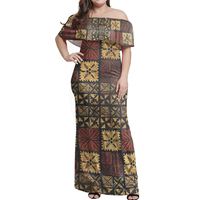 Tonga femme hors épaule longue robe noix de coco dorées imprimer Puletasi vêtements avec quantité de commande minimum robe jupes de plage chaude