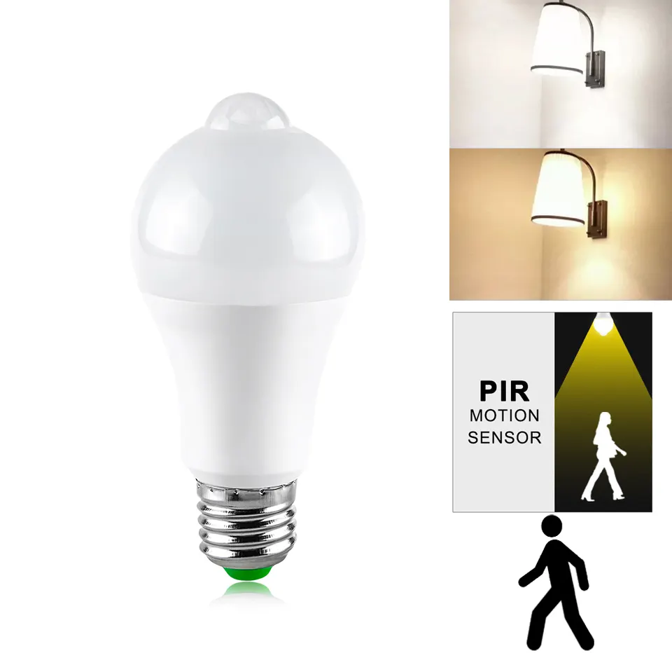 E27 LED PIR محس حركة ضوء لمبة 10W بارد دافئ مصباح أبيض 110V 220V مصباح كروي الجسم التعريفي للسلالم الممشى ليلة آمنة