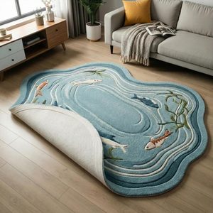 Irregular Koi Fish Wool Rug Hand Tufted Blue Pond Nature Inspired <b>Kids</b> Area Carpet for Nursery Bedroom Playroom Living Room <b>Kids</b> - Product Image 2