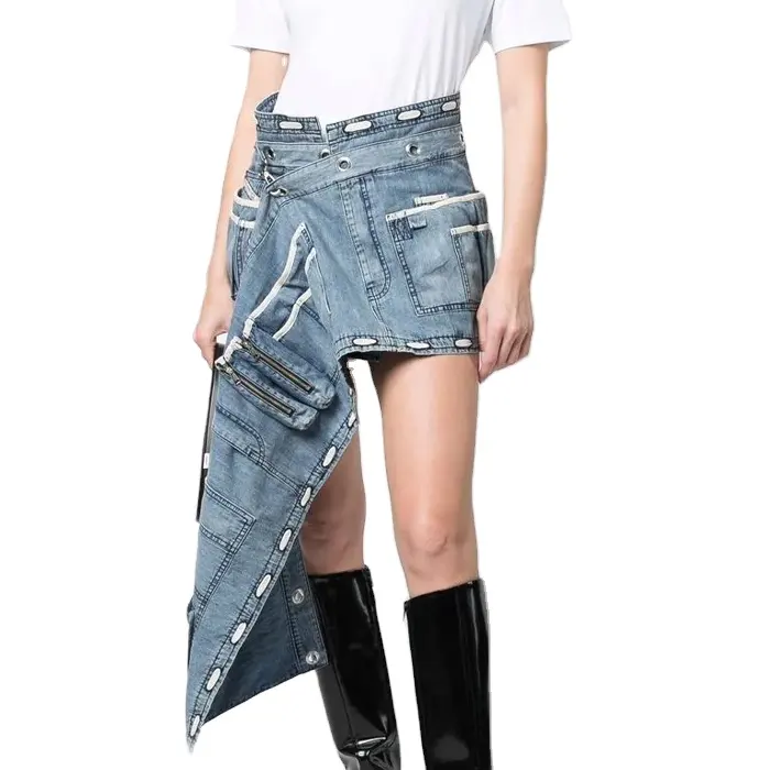 Asymmetric Drape Paneled High Waist Cargo Denim Mini Skirt Fashion Street Contrast Stitching Multi Utility Pocket Short Skirt