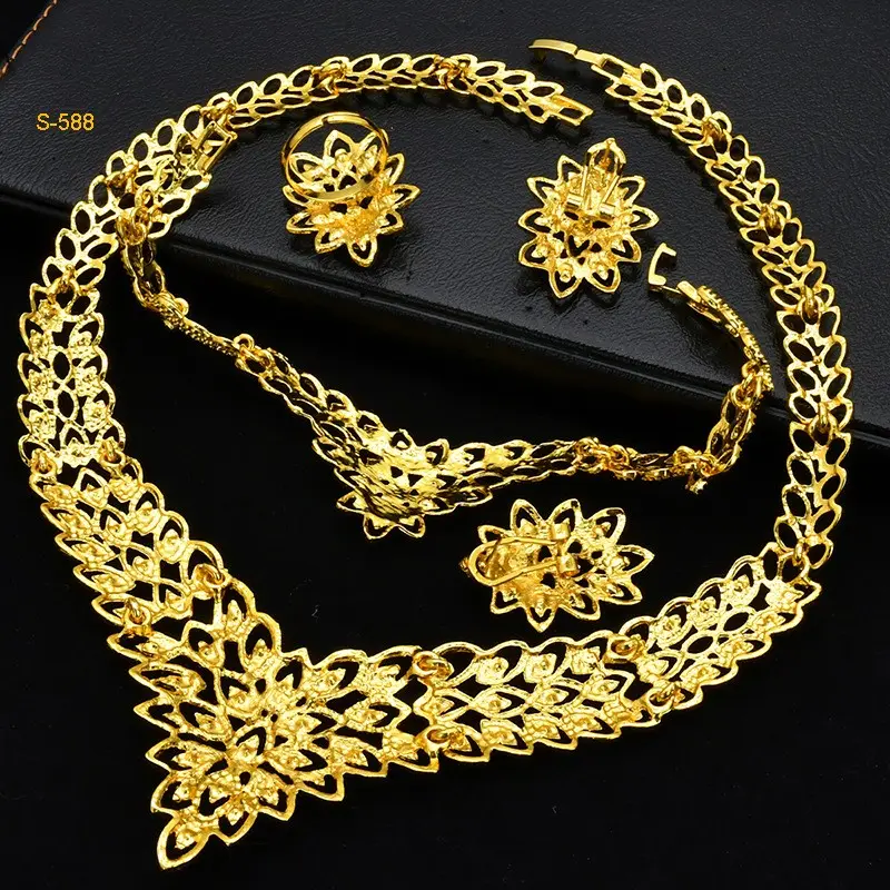 Jachon הודי נשים תכשיטי סטי 24K זהב סגסוגת כלה שרשרת יד תכשיטי טבעת עגילי תכשיטי סט