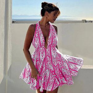 Pink Geometric Print Halter Neck Flared Sundress <b>Sleeveless</b> Woven Breathable High Waist Knee-Length Casual <b>Summer</b> <b>Dress</b> - Product Image 3