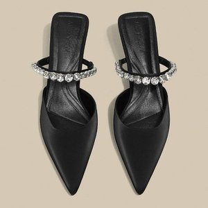 Nouvelles chaussures d'été à bout fermé, talon fin (3-5 cm), dessus en PU, semelle en caoutchouc, à enfiler, avec décoration en cristal - Product Image 5