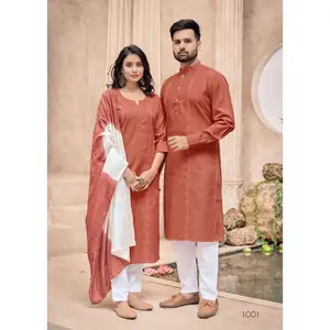 Ethnic Clothing Pure Cotton with Embroidery Lining Mens and Womens Kurti Kurta Set for Part Wear Use from India