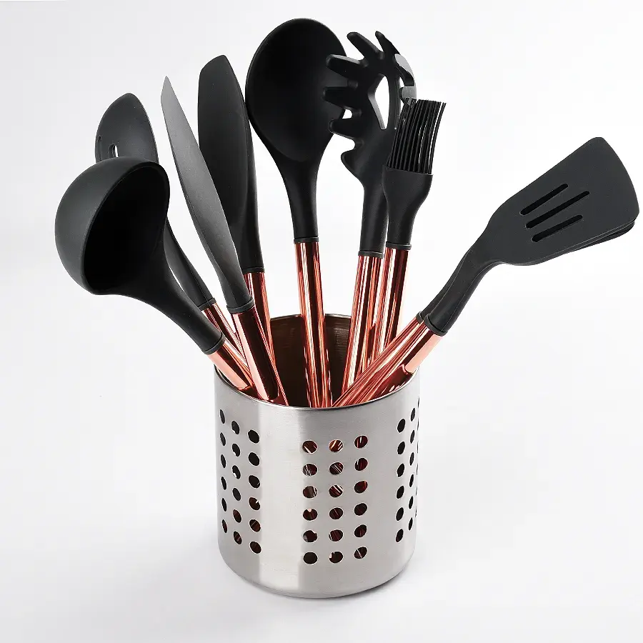 Atacado Acessórios De Cozinha 9 Peças Nylon Cozinhar Ferramentas Com Rose Gold Handle