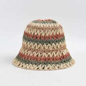 Wholesale Daily Travel Beach Rainbow Striped Hand-hooked Paper Straw Summer Fashion Sunshade Sun Hand Knitted Bucket <b>Hat</b> - Product Image 2