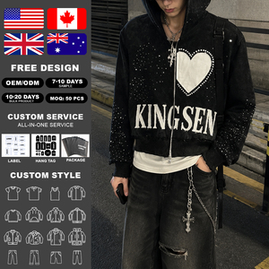 Sudadera con capucha y cremallera completa para hombre, estilo urbano personalizado, de felpa francesa, con bordado, patchwork y pedrería, corte holgado y lavado ácido. - Product Image 2