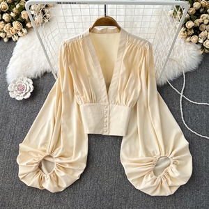Chemisier court et ajusté à col en V et manches lanternes pour <span class=keywords><strong>femme</strong></span>, style printemps-automne - Product Image 2