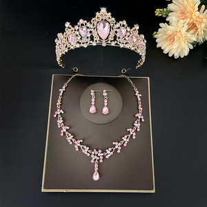 Orecchini a corona di cristallo rosa da sposa di moda di alta qualità Set principessa royal pettine diademi gioielli testa di nozze sposa corona set - Product Image 6