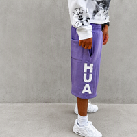 Shorts en molleton épais personnalisés, lavande, taille smockée, coupe oversize et carrée, imprimé lettres verticales, fabricant OEM sous marque privée