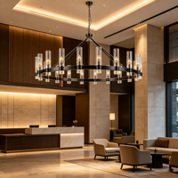 Lámpara de Techo Grande Estilo Carretilla con 20 Luces, Marco de Metal Negro, Pantallas de Cristal Cilíndricas Transparentes, Lámpara Colgante Redonda Moderna Estilo Granja