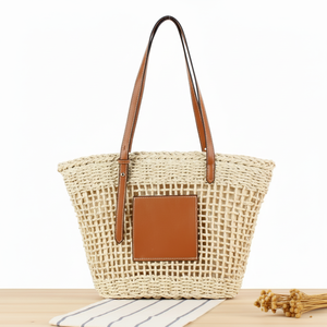 กระเป๋าถือสานจากฟางราฟเฟีย งานแฮนด์เมด ดีไซน์เนอร์สำหรับผู้หญิง เป็นมิตรกับสิ่งแวดล้อม เหมาะสำหรับใส่ไปเที่ยวทะเล ชุดเดรสชายหาด กระเป๋าโท้ทเรียบง่าย สไตล์ลำลอง - Product Image 1