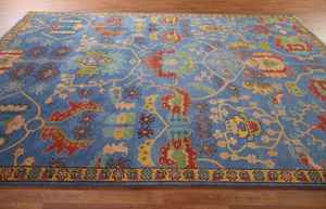 Tapis de salon indien Oushak bleu/or 9'x12' en laine fait main, tapis oriental multicolore, tapis personnalisés disponibles - Product Image 5
