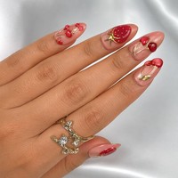 Faux Ongles Personnalisés Cerise Fraise à Presser, Longs Amande 3D, Effet Fruit, Gel Brillant Nude, Or ABS, Vente en Gros OEM