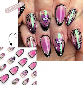 Nueva Llegada 24 Uds. Uñas Postizas de Estilo Corto con Diseño de Amor y Glitter Francés, Forma Almendrada, Efecto Difuminado, para Usar en el Día a Día - Product Image 2