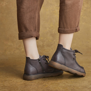 Bottines à talon plat, automne-hiver, neuves, faites à la main, en cuir véritable, style ethnique, rétro, fermeture éclair latérale, bottines plates - Product Image 4