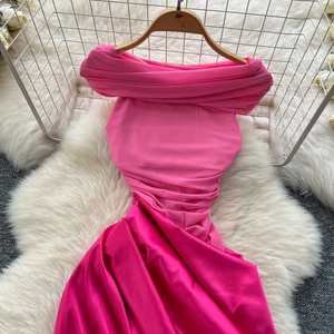 Robe midi plissée évasée en satin tissé respirant et durable à col rabattu avec fente, style tunique, pour femme, avec patchwork en maille et coupe Empire, idéale pour l'été - Product Image 2