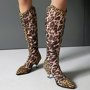 Women Summer Mesh Knee High <b>Boots</b> Dress Leopard Patchwork Shoes Low Spike Heels Side Zipper V-shaped Top Long <b>Boots</b> - Product Image 1