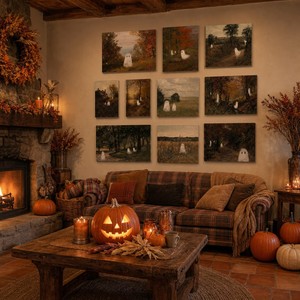Set di 10 Quadri Vintage di Fantasmi di Halloween, Dipinti a Olio di Paesaggi Retrò, Stampe su Tela Incorniciata, Decorazioni Rustiche per le Festività - Product Image 1
