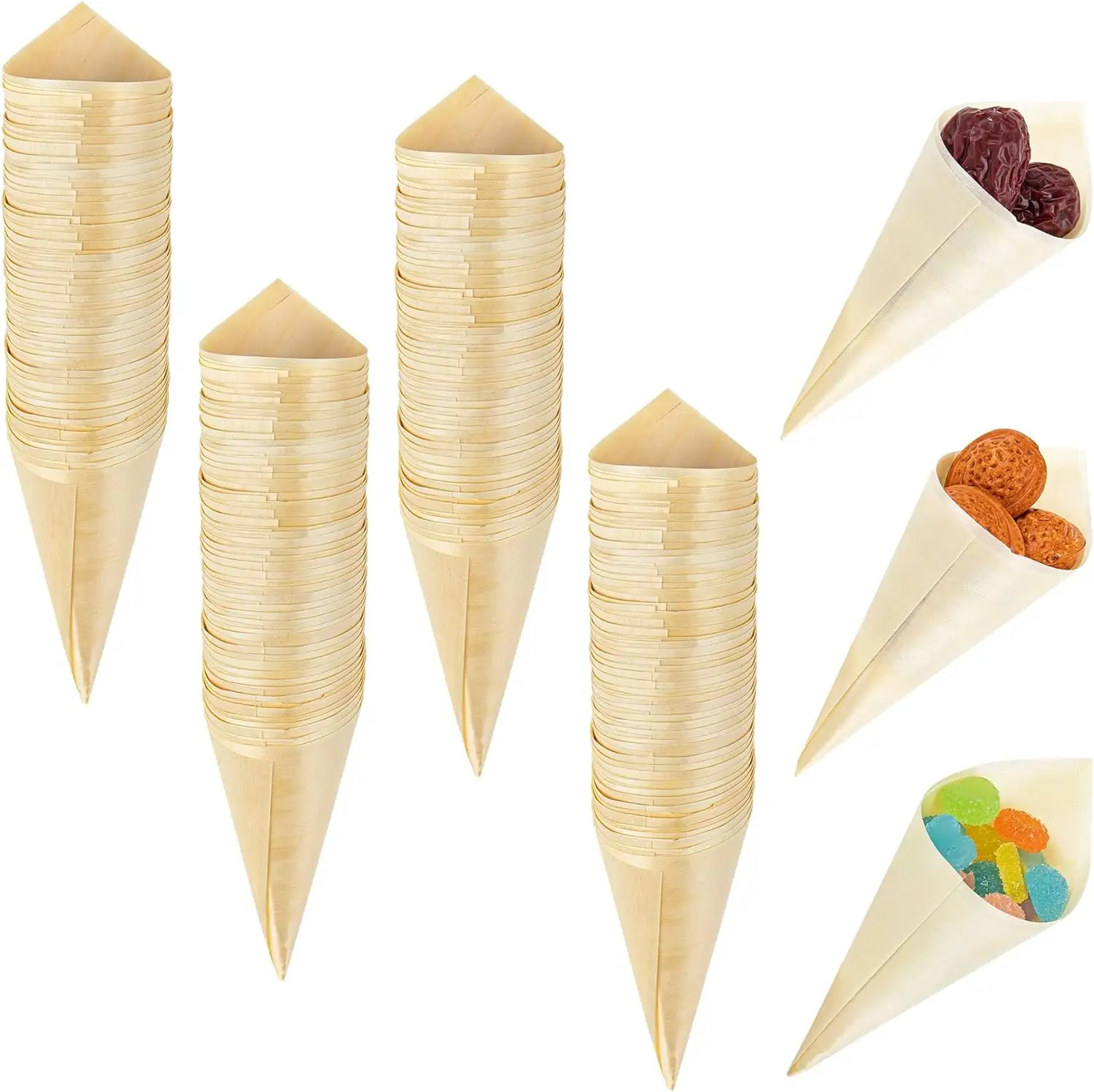 Disposable Wooden Cones Serving Tasting Dessert Cone Appetizer Finger Food Ice Cream Holder For Food And Decoration Displays