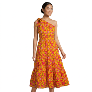 เดรสแม็กซี่ระบายอากาศเอวธรรมชาติยาวถึงพื้นพิมพ์ลายดอกไม้ผ้าคอตตอน - Product Image 1