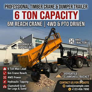 DIBO CE Matériel forestier et agricole : Grue forestière à benne basculante pour copeaux de bois, sciure et coquilles, avec remorque wagon 4x4 - Product Image 1